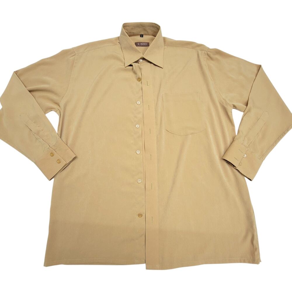 UMO Mens Shirt Size 42 US Large Tan Beige Long Sleeve Button Up Textured